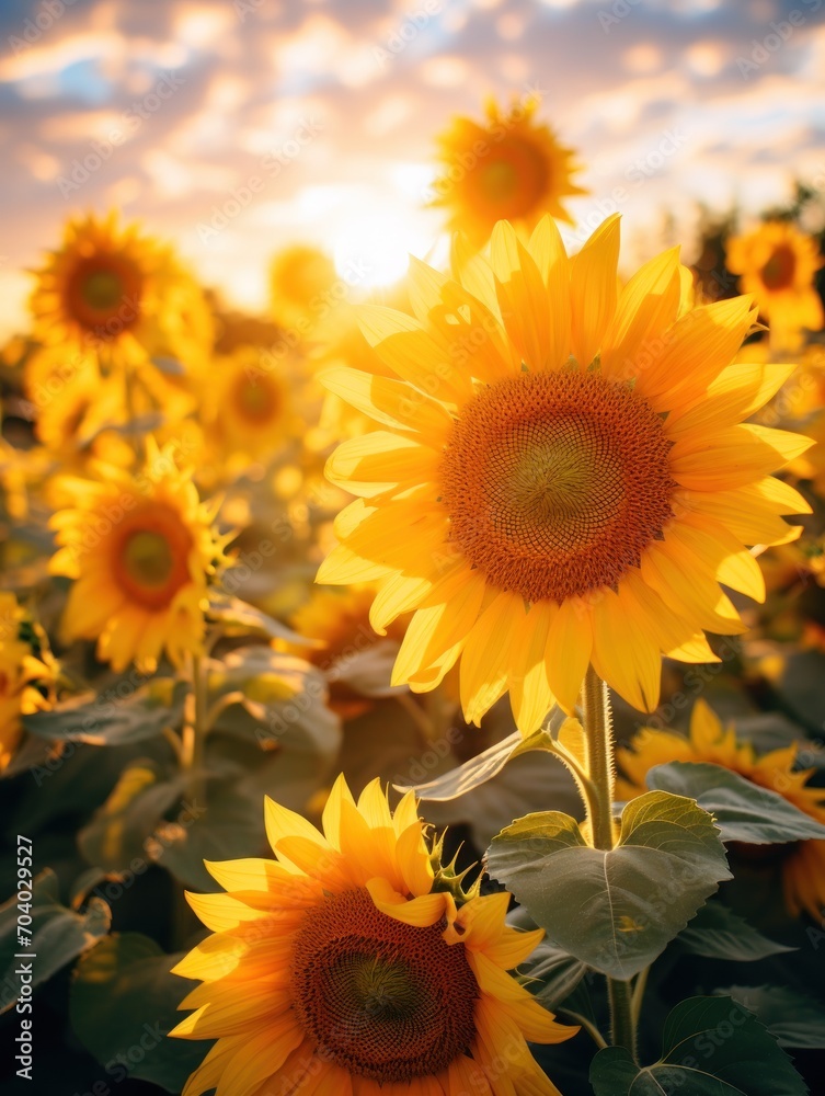  a large field of sunflowers with the sun shining through the clouds in the middle of the day in the background is a blue sky with a few clouds.