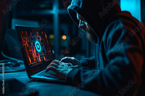 A hacker in a hoodie is sitting in a dark room and hacking into a computer system. Displays show graphs, charts, and maps. Dark internet, darknet concept photo