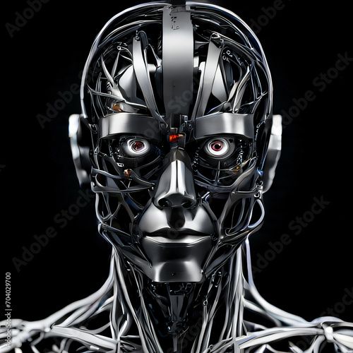 Humanoid male robot made of steel parts and cables on black background