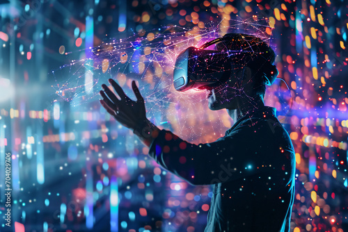 Man wearing virtual reality headset. Futuristic technology concept. Metaverse, augmented and virtual reality, and future technology. VR, AR and simulations