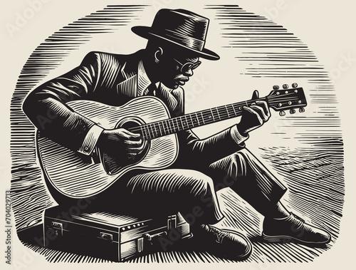 Vector Drawing of a Blues Musician in the Woodcut Style