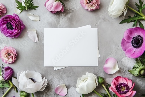 Empty white card mockup flat lay with anemones, Valentines day color