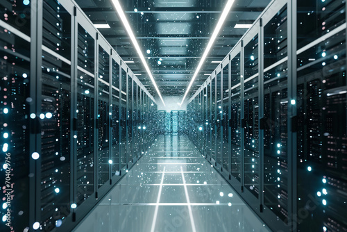 Server room with rows of server racks with white lights in a data center. Hosting, supercomputer, cloud computing, big data storage and internet concept. Futuristic technology background