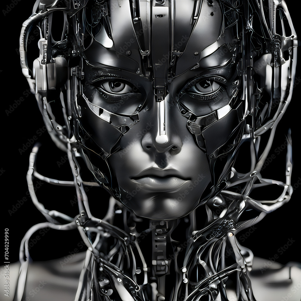 Humanoid female robot made of steel parts and cables on black background Humanoid female robot made of steel parts and cables on black background