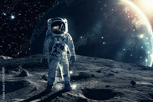 Astronaut on the moon with the Earth in the background. Science and reseach of the future concept. Human space colonization. Travel in the cosmos © Dmitry