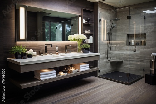 Modern bathroom interior with dark wood, marble and glass