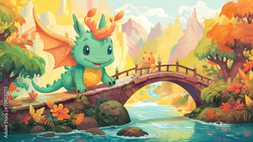  a painting of a dragon sitting on a bridge over a river with a bridge in the foreground and a waterfall in the background, with a bridge in the foreground.