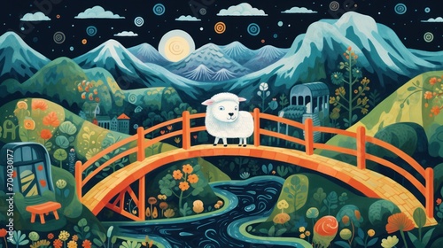  a painting of a sheep standing on a bridge over a stream in a mountainous landscape with a mountain range in the distance and a full moon in the sky above.