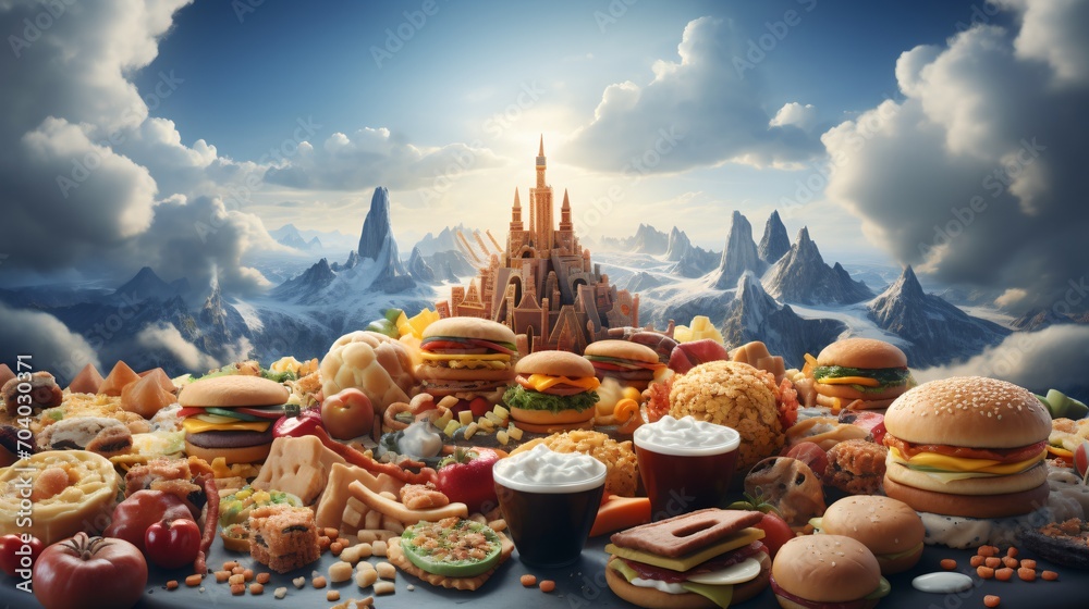Φωτογραφία A feast fit for a king: a table overflowing with burgers, fries, and other fast