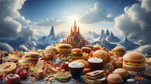 A feast fit for a king: a table overflowing with burgers, fries, and other fast food items, with a castle in the background photo