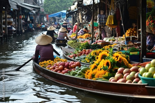 A bustling asian floating market with boats laden with fresh produce and colorful goods