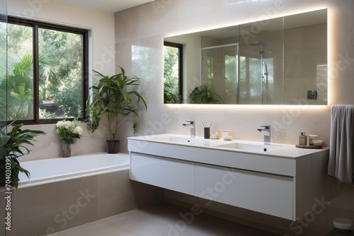 Modern bathroom interior with large windows and plants