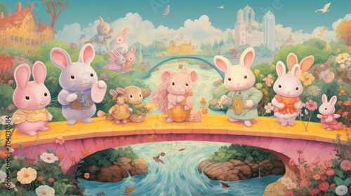  a painting of a group of bunnies sitting on a bridge with a stream in front of them and a castle in the background with a rainbow in the sky.