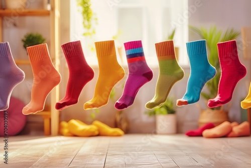 Colorful socks flying around the room on a bright background photo