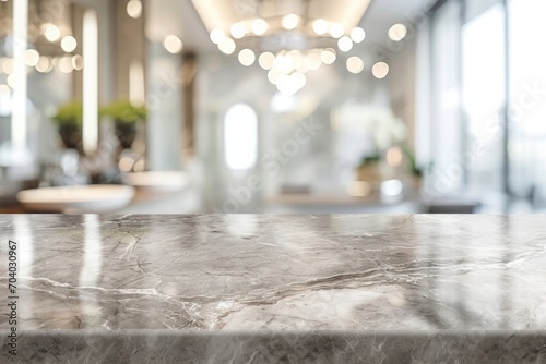 Marble table top with blurred bathroom interior background photo