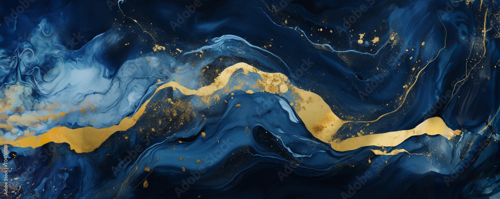 Marble Background.  Navy Blue Paint Swirls with Gold Powder.