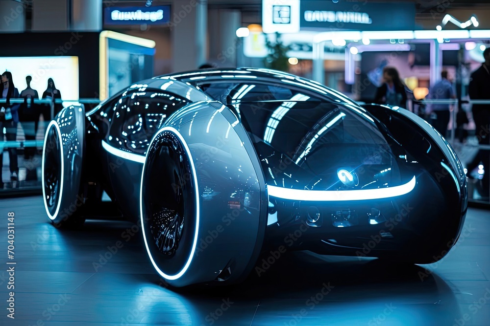 A futuristic electric car expo showcasing the latest models and green technology