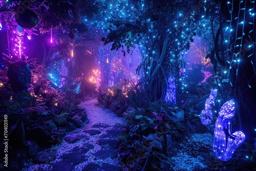 A fantasy-themed enchanted garden exhibition with interactive light displays and mythical creatures