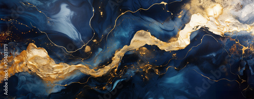 Marble Background.  Navy Blue Paint Swirls with Gold Powder.