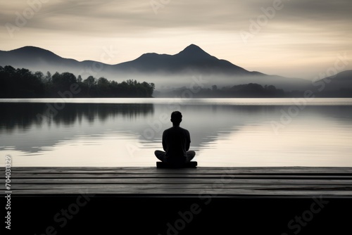  a person sitting on a bench in front of a body of water with a mountain range in the background and fog in the air  with a body of water in the foreground.