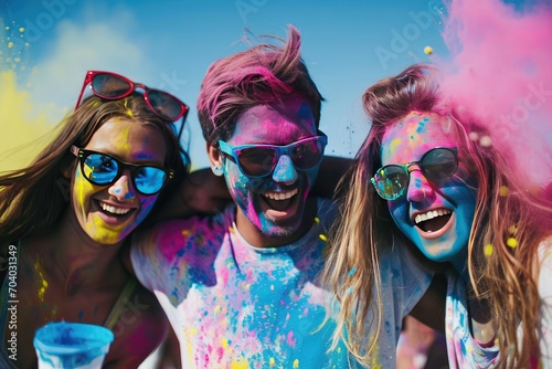 A group of friends enjoying a colorful holi festival with vibrant powders and music