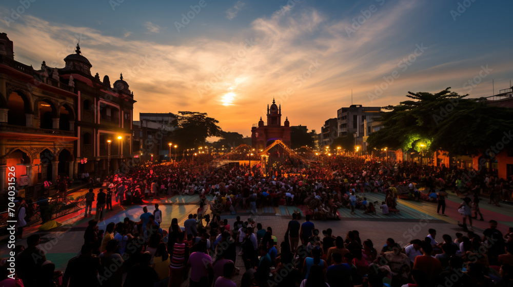 A citys public square during a cultural festival filled with performers artisans and food stalls.
