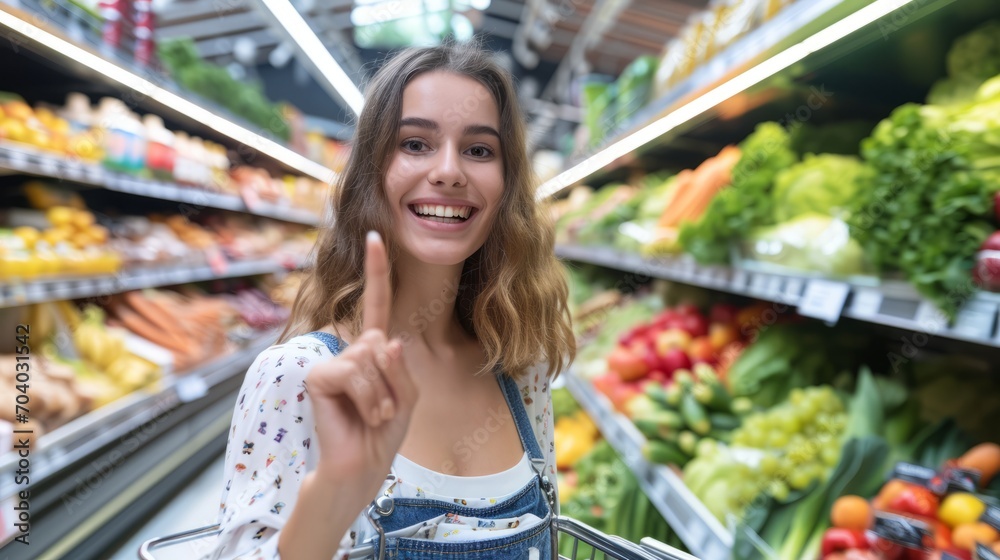 Positive woman with grocery shopping cart showing finger up after coming up with idea for purchase or learning about sale. Adult lady smiling doing shopping in supermarket