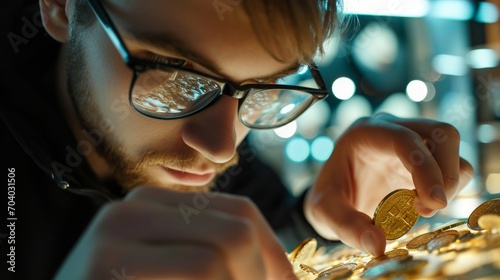 Positive man examines gold coin or piece of jewelry and lowers glasses from eyes to view rare exhibit. Guy is fond of numismatics and collecting coins from precious metals