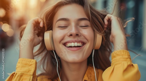 Positive woman meloman listening to music with headphones enjoying favorite pop or rock track. Joyful girl presses earphones to ears and smiles after hearing song from playlist photo
