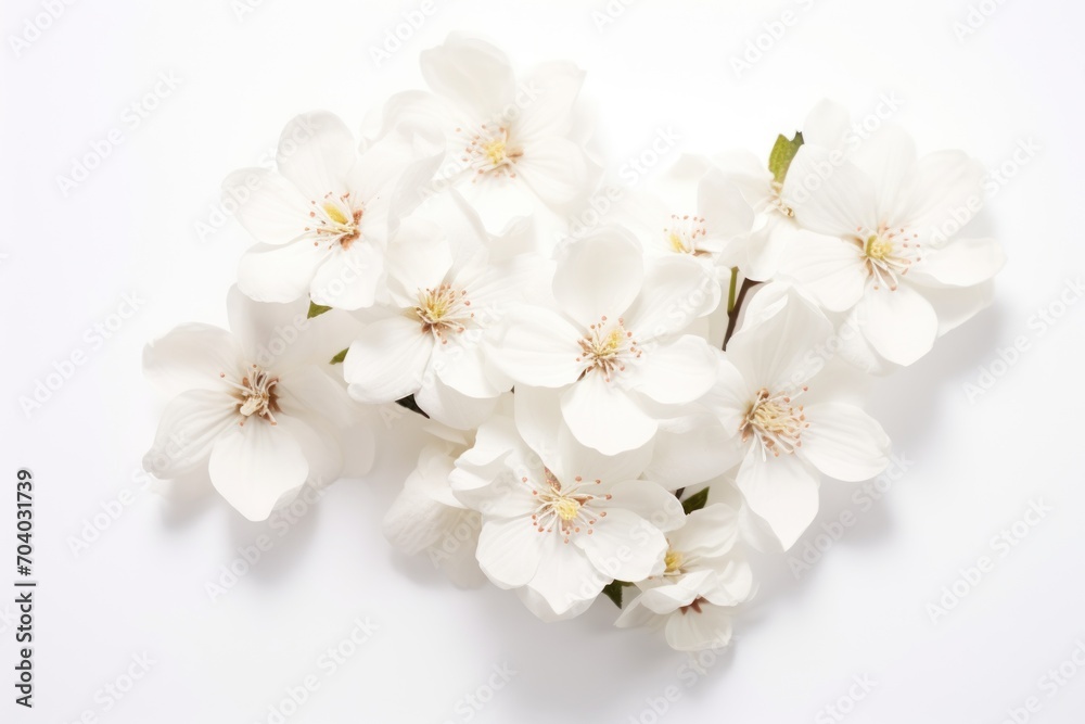 a bunch of white flowers sitting on top of a white table next to a green leafy plant on top of a white table top of a white table with a white background. a bunch of white flowers sitting on top of a white table next to a green leafy plant on top of a white table top of a white table with a white background.