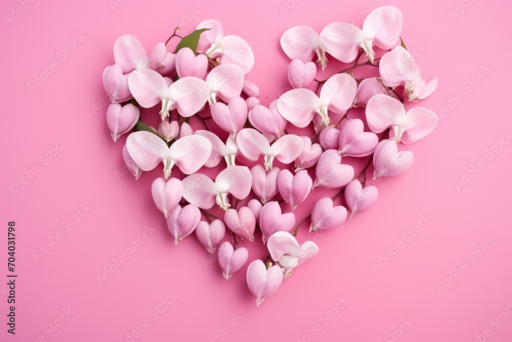 pink flowers in the shape of a heart on a pink background, top view, flat lay, copy - up, copy - up, valentine's day. pink flowers in the shape of a heart on a pink background, top view, flat lay, copy - up, copy - up, valentine's day.