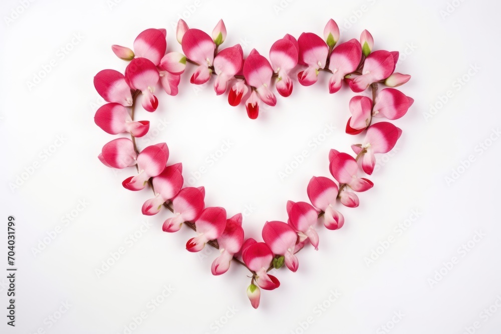 a heart - shaped arrangement of pink flowers arranged in a shape of a heart on a white background with copy - space in the middle of the image to the center. a heart - shaped arrangement of pink flowers arranged in a shape of a heart on a white background with copy - space in the middle of the image to the center.