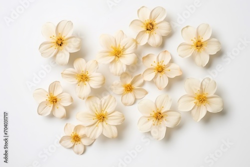  a bunch of white flowers sitting on top of a white surface with one flower in the middle of the picture and the other flower in the middle of the petals.