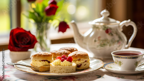 A classic English afternoon tea setup with scones clotted cream and jam.