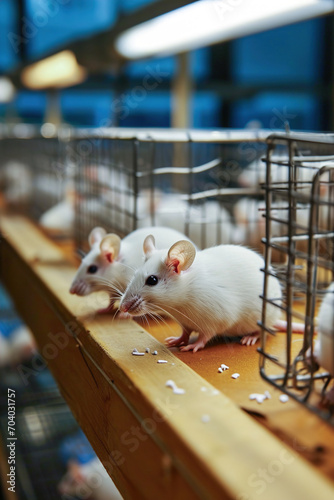 White mice in a medical scientific research laboratory. Laboratory experiments with animals. photo
