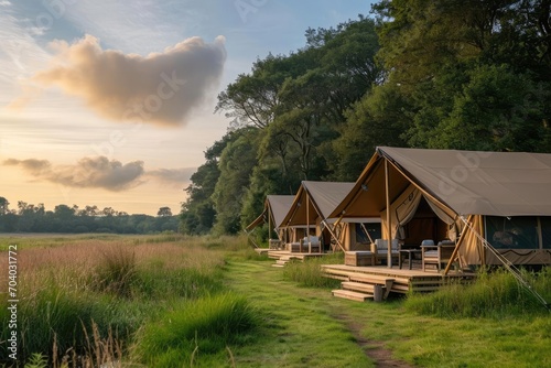 A luxurious glamping site in a national park with safari tents and guided nature walks