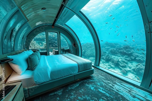 A luxurious underwater hotel room with panoramic views of a coral reef and marine life © Bijac