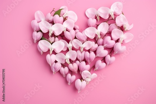  pink flowers in the shape of a heart on a pink background, top view, flat lay, copy - up, copy - up, valentine's day.