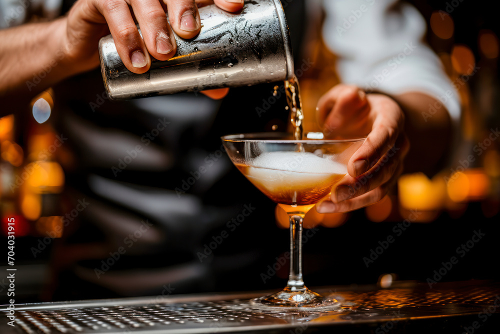 Bartender's perfection, a close-up shot capturing a skilled bartender meticulously preparing a Manhattan cocktail with precision and flair. Bartender's perfection, a close-up shot capturing a skilled bartender meticulously preparing a Manhattan cocktail with precision and flair.