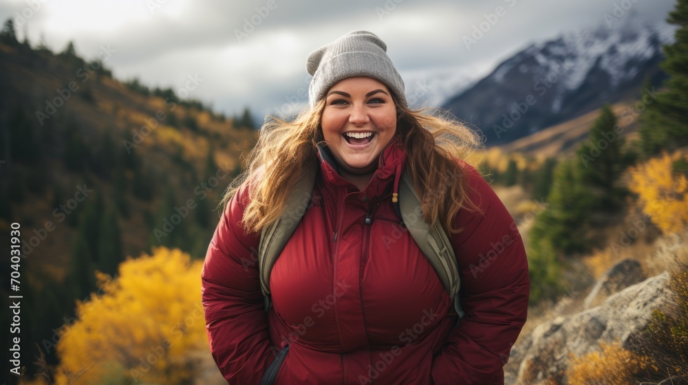 Plus size woman hiking with a smile, showcasing the joy of physical activity. Plus size woman hiking with a smile, showcasing the joy of physical activity.