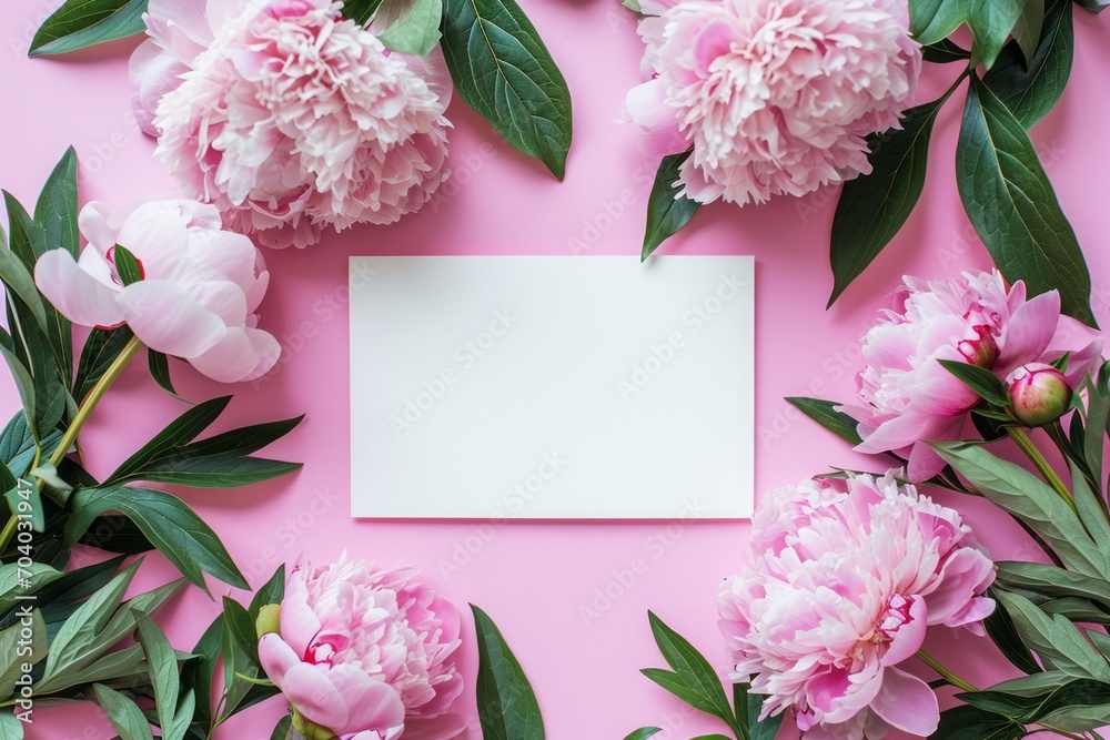 Empty white card mockup flat lay with peonies, Valentines day color