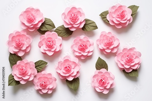  a bunch of pink paper flowers with green leaves on top of a white surface with green leaves on the bottom of the petals and a green leaf on the top of the petals.