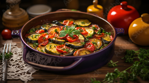 A classic French ratatouille with colorful vegetables and herbs in a ceramic dish.