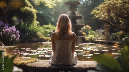 A young woman sits and relaxes looking at a pond, Time to relax. #704031910