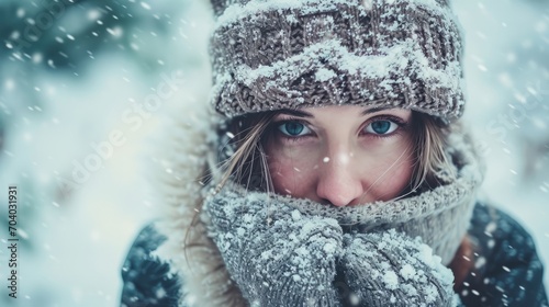 Woman freezes standing under snow in cold winter weather, dressed in sweater and needs warm down jacket or raincoat. Girl is freezing due to lack of outerwear and risks catching cold and flu