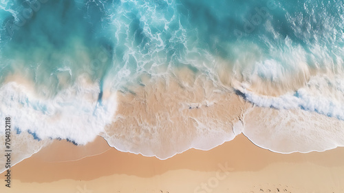 Aerial view of sandy beach, clear blue waves, and sunrays summer vacation banner with copy space, showcasing natural beauty and outdoor spa © Simo