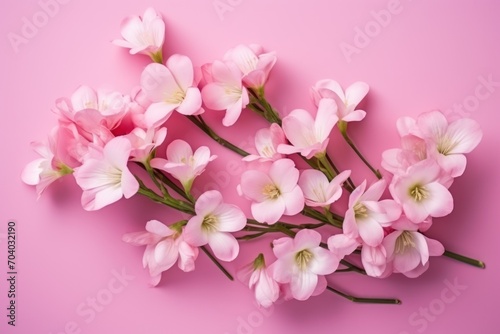  a bunch of pink flowers sitting on top of a pink table next to a white and black dogwood branch on a pink background  top view from above  with space for text.