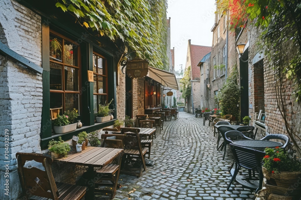 A quaint european caf on a cobblestone street With outdoor seating and a view of historic architecture