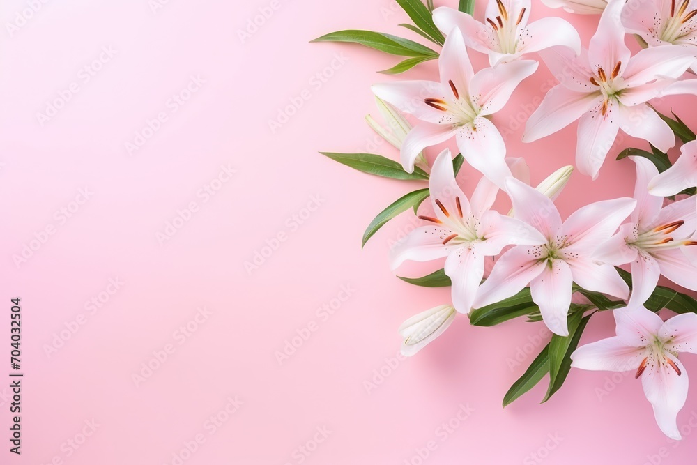  a bouquet of pink lilies on a pink background with a place for a text or an image of a bouquet of pink lilies on a pink background with a place for text.