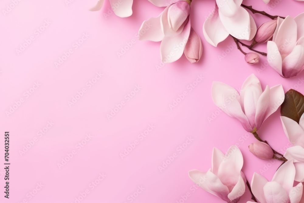  pink flowers on a pink background with a place for a text or an image of a branch of pink flowers on a pink background with a place for a text ornament.